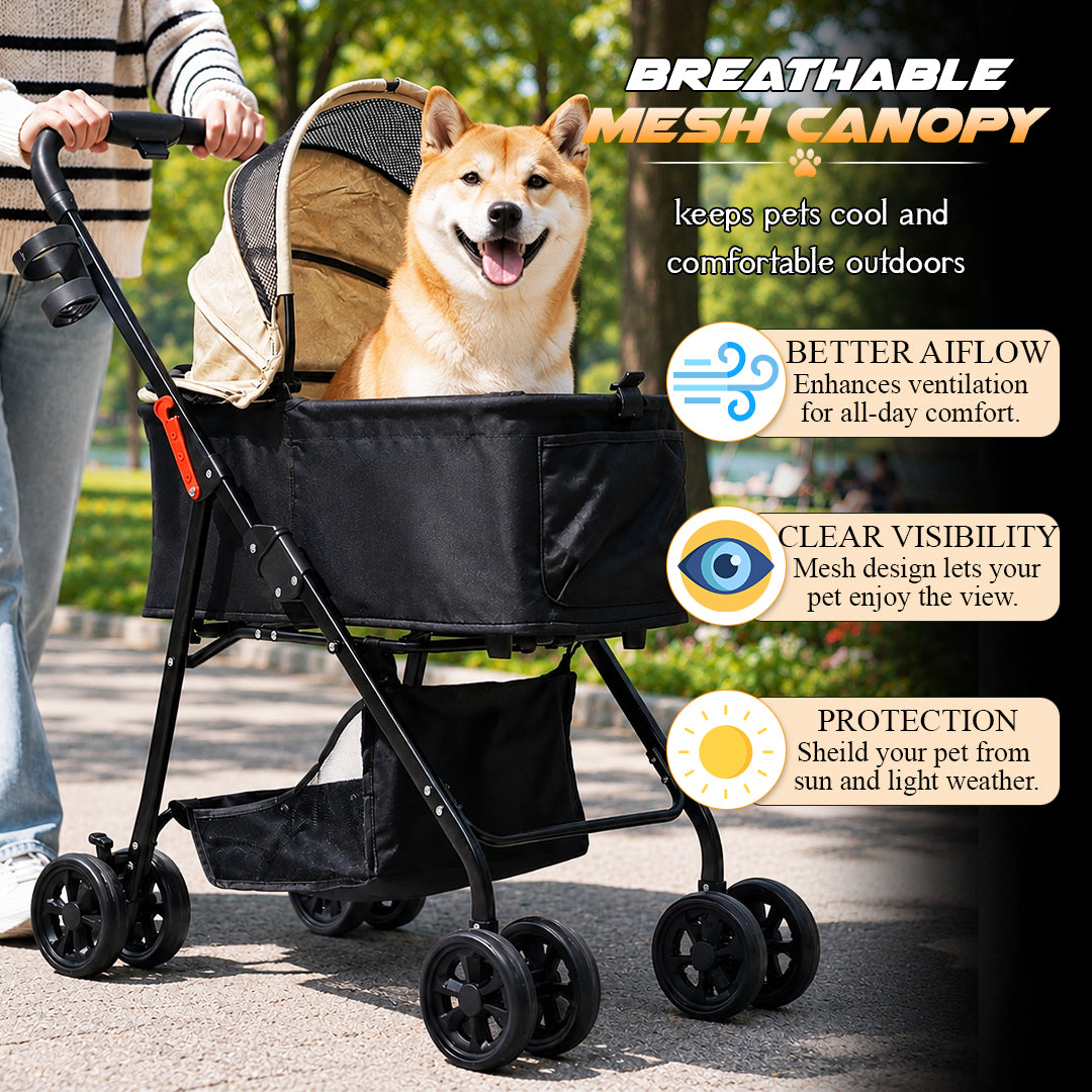 Pet Stroller for Cats, Small & Medium Dogs, Foldable 96 cm Travel Cart with Mesh Ventilation, Storage Basket, Cup Holder and 4 Wheels for Shopping & Outdoor Use, Dog stroller with Portable, (Beige)