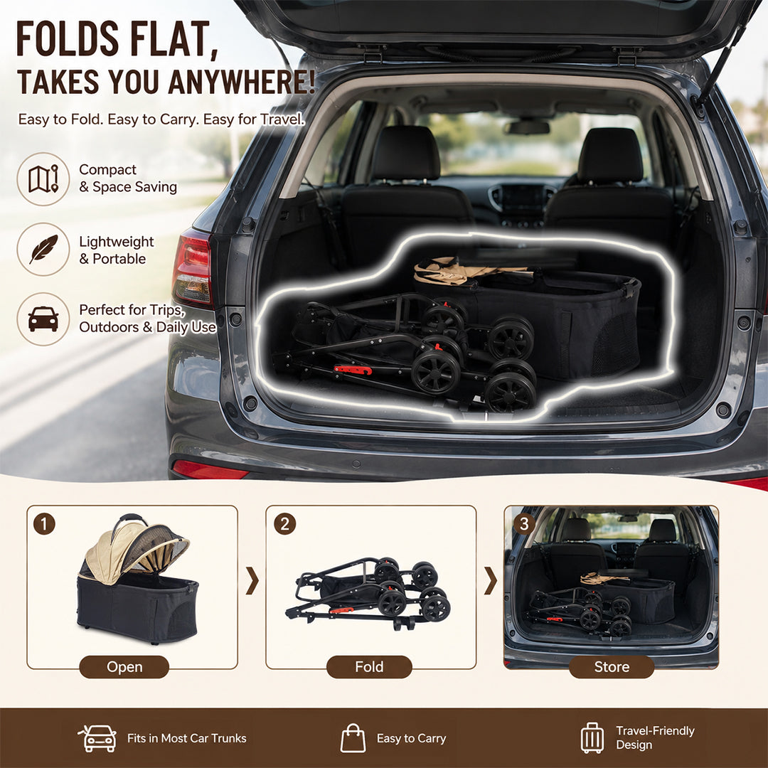 Pet Stroller for Cats, Small & Medium Dogs, Foldable 96 cm Travel Cart with Mesh Ventilation, Storage Basket, Cup Holder and 4 Wheels for Shopping & Outdoor Use, Dog stroller with Portable, (Beige)