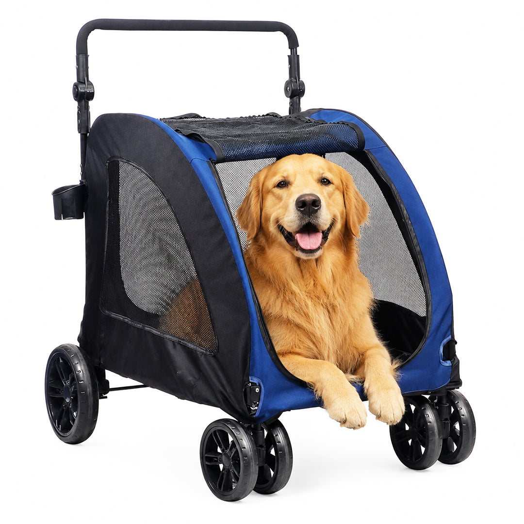 Large pet stroller with Mesh Windows, Stable 4 wheels, Lightweight and Travel Carrier for Cats & Dogs, 105 cm Pet Trolley with 360 Ventilation, Storage Basket, Adjustable Handle, Removable Pad (Blue)