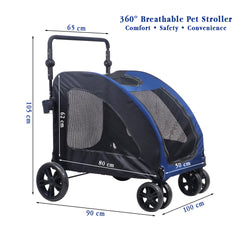 Large pet stroller with Mesh Windows, Stable 4 wheels, Lightweight and Travel Carrier for Cats & Dogs, 105 cm Pet Trolley with 360 Ventilation, Storage Basket, Adjustable Handle, Removable Pad (Blue)