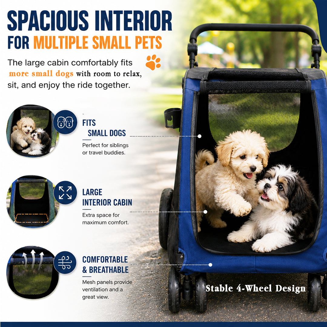 Large pet stroller with Mesh Windows, Stable 4 wheels, Lightweight and Travel Carrier for Cats & Dogs, 105 cm Pet Trolley with 360 Ventilation, Storage Basket, Adjustable Handle, Removable Pad (Blue)