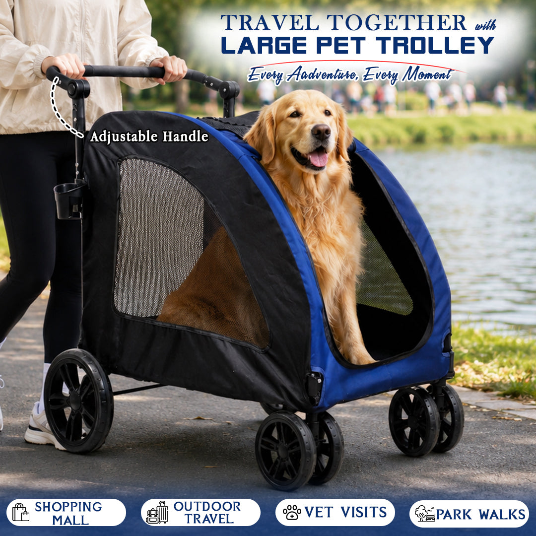 Large pet stroller with Mesh Windows, Stable 4 wheels, Lightweight and Travel Carrier for Cats & Dogs, 105 cm Pet Trolley with 360 Ventilation, Storage Basket, Adjustable Handle, Removable Pad (Blue)