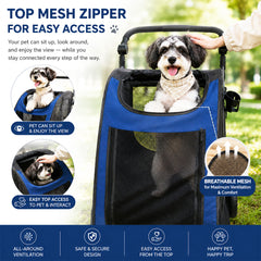 Large pet stroller with Mesh Windows, Stable 4 wheels, Lightweight and Travel Carrier for Cats & Dogs, 105 cm Pet Trolley with 360 Ventilation, Storage Basket, Adjustable Handle, Removable Pad (Blue)