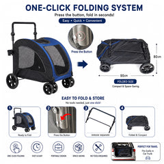 Large pet stroller with Mesh Windows, Stable 4 wheels, Lightweight and Travel Carrier for Cats & Dogs, 105 cm Pet Trolley with 360 Ventilation, Storage Basket, Adjustable Handle, Removable Pad (Blue)