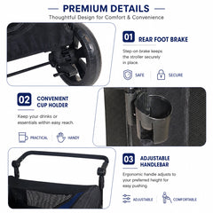 Large pet stroller with Mesh Windows, Stable 4 wheels, Lightweight and Travel Carrier for Cats & Dogs, 105 cm Pet Trolley with 360 Ventilation, Storage Basket, Adjustable Handle, Removable Pad (Blue)