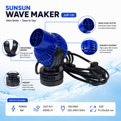 SUNSUN JVP-131 Wave Maker, Aquarium Circulation Pump for Freshwater & Marine Tanks, Powerful Water Flow.