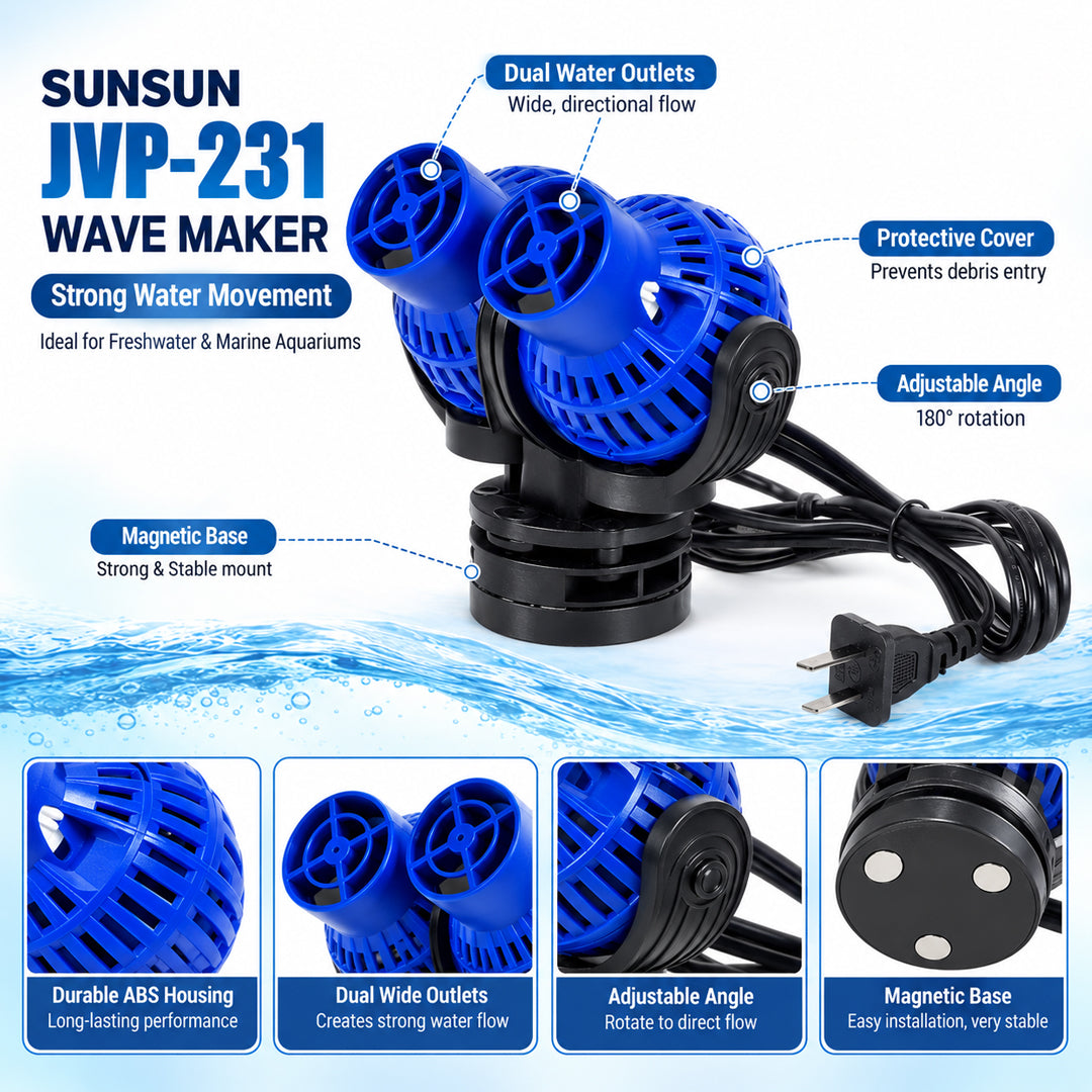 SUNSUN JVP-231 Wave Maker, Dual-Head Aquarium Circulation Pump for Freshwater & Marine Tanks, Powerful Water Flow
