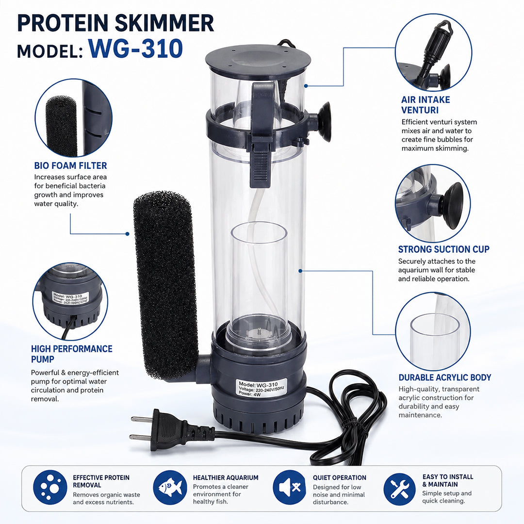 WG-310 Aquarium Protein Skimmer for Saltwater Marine Aquariums, Internal Protein Skimmer with Built-in Pump, Efficient Foam Filtration for Reef & Marine Fish Tanks