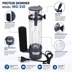WG-310 Aquarium Protein Skimmer for Saltwater Marine Aquariums, Internal Protein Skimmer with Built-in Pump, Efficient Foam Filtration for Reef & Marine Fish Tanks