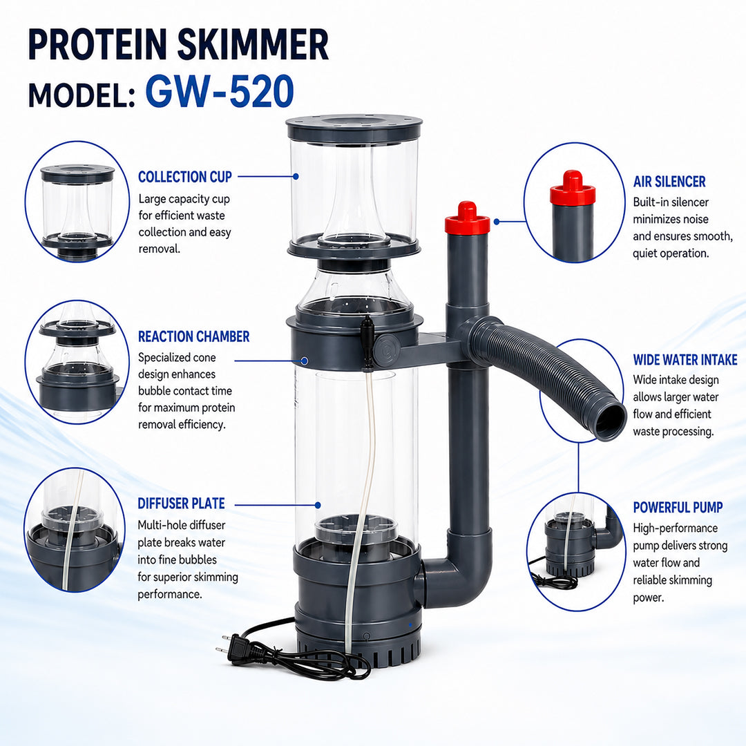 BOYU WG-520 Protein Skimmer for Marine & Saltwater Aquariums, Internal Aquarium Skimmer with High-Efficiency Foam Fractionation, Adjustable Water Level, Quiet Operation, Reef Tank Filter