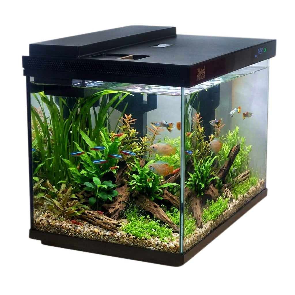 Smart fish tank, Ultra-clear glass nano aquarium with Silent Water Pump, Built-in Top Filtration, Multi-Color Lighting, and Integrated Digital Temperature Panel, Ideal for home & Offices (Black)