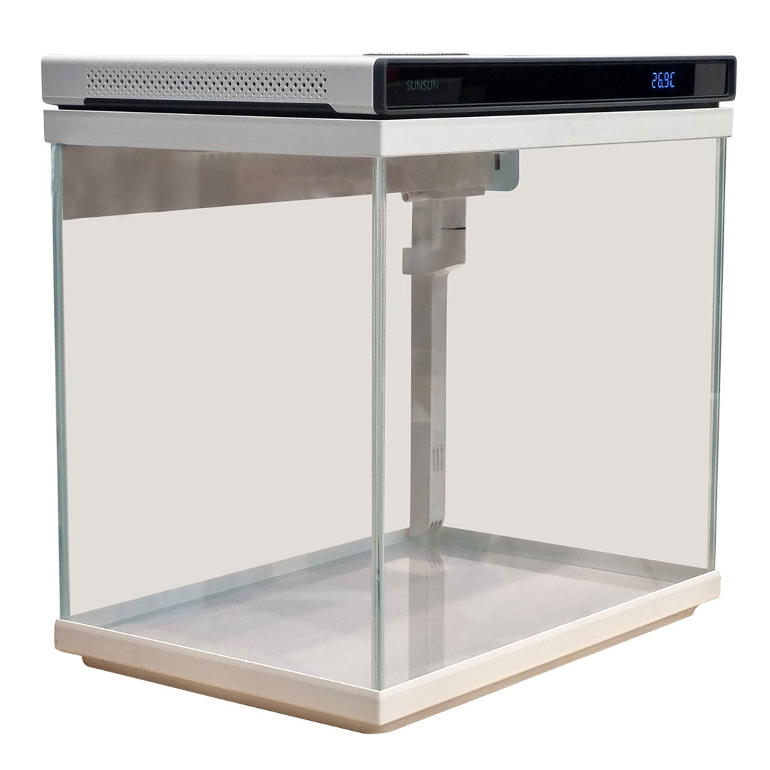 Glass Aquarium Starter Kit – Ultra-Clear Nano Fish Tank with Smart Digital Temperature Display, Built-In Top Filtration, Water Pump, and LED Light for Betta, Shrimps, and Small Fish (White)