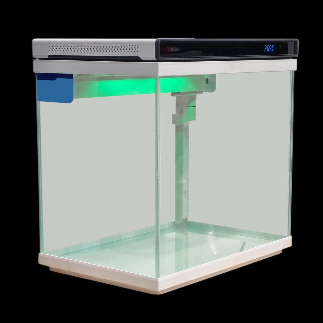 Glass Aquarium Starter Kit – Ultra-Clear Nano Fish Tank with Smart Digital Temperature Display, Built-In Top Filtration, Water Pump, and LED Light for Betta, Shrimps, and Small Fish (White)