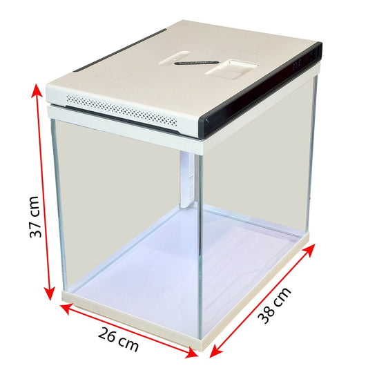Glass Aquarium Starter Kit – Ultra-Clear Nano Fish Tank with Smart Digital Temperature Display, Built-In Top Filtration, Water Pump, and LED Light for Betta, Shrimps, and Small Fish (White)