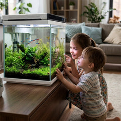 Glass Aquarium Starter Kit – Ultra-Clear Nano Fish Tank with Smart Digital Temperature Display, Built-In Top Filtration, Water Pump, and LED Light for Betta, Shrimps, and Small Fish (White)