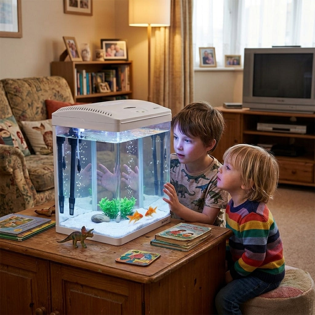 Glass Fish Tank Eco-Aquarium with Integrated Top Filter and LED Lighting System, 20-Liter Desktop Starter Kit for Freshwater and Saltwater Fish ( White )