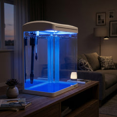 Glass Fish Tank Eco-Aquarium with Integrated Top Filter and LED Lighting System, 20-Liter Desktop Starter Kit for Freshwater and Saltwater Fish ( White )