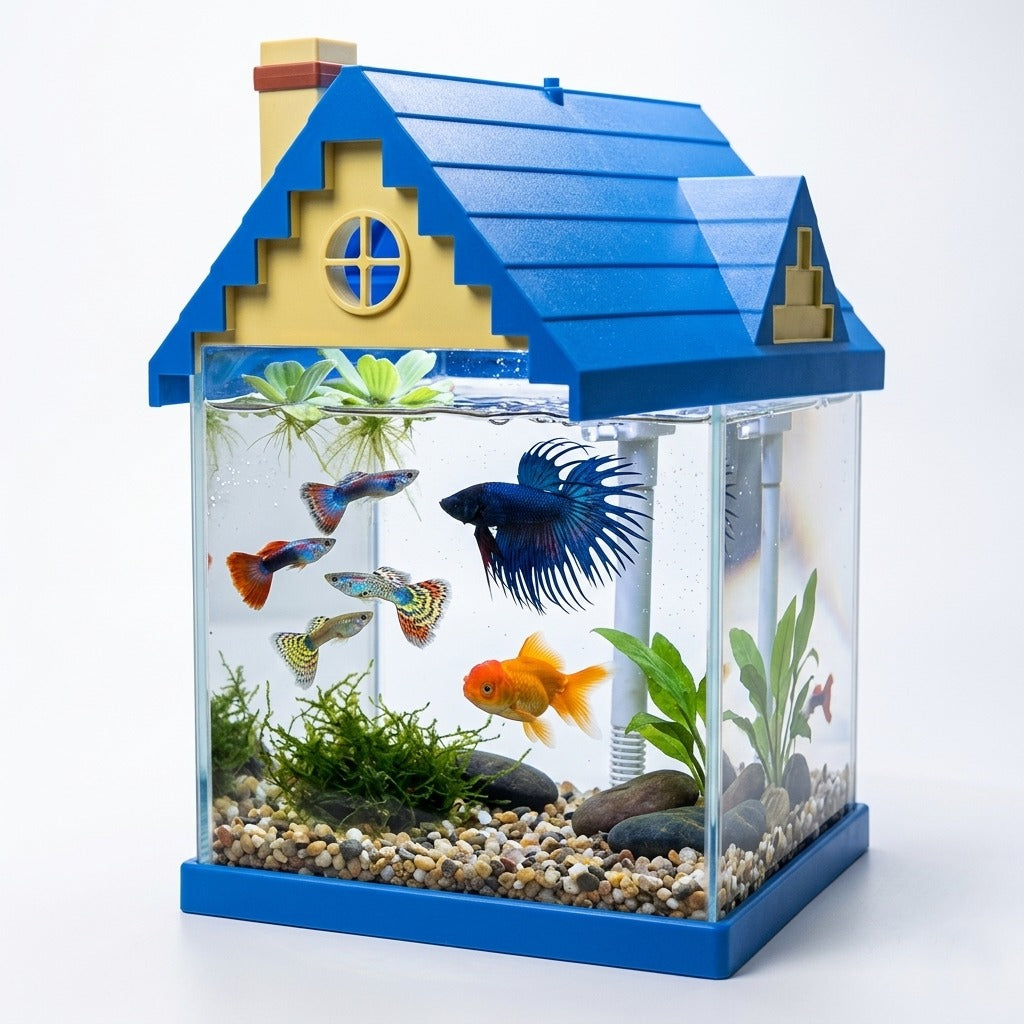 Blue House-Shaped Small Fish Tank Kit - 7.5L Mini Desktop Aquarium with Built-in Filter Pump and LED Light Roof, Clear Glass Nano Tank for Betta Fish, Guppies, and Office Desktops