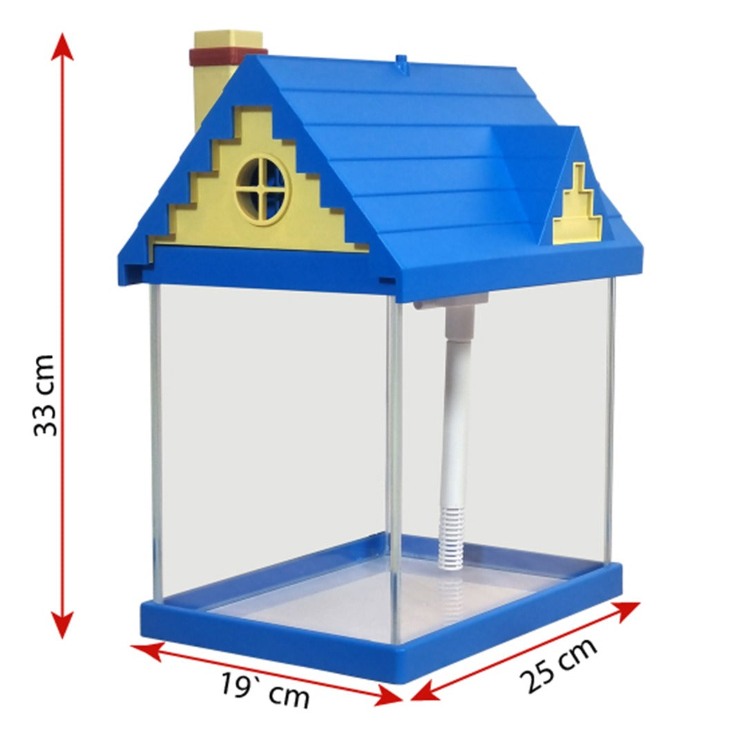 Blue House-Shaped Small Fish Tank Kit - 7.5L Mini Desktop Aquarium with Built-in Filter Pump and LED Light Roof, Clear Glass Nano Tank for Betta Fish, Guppies, and Office Desktops