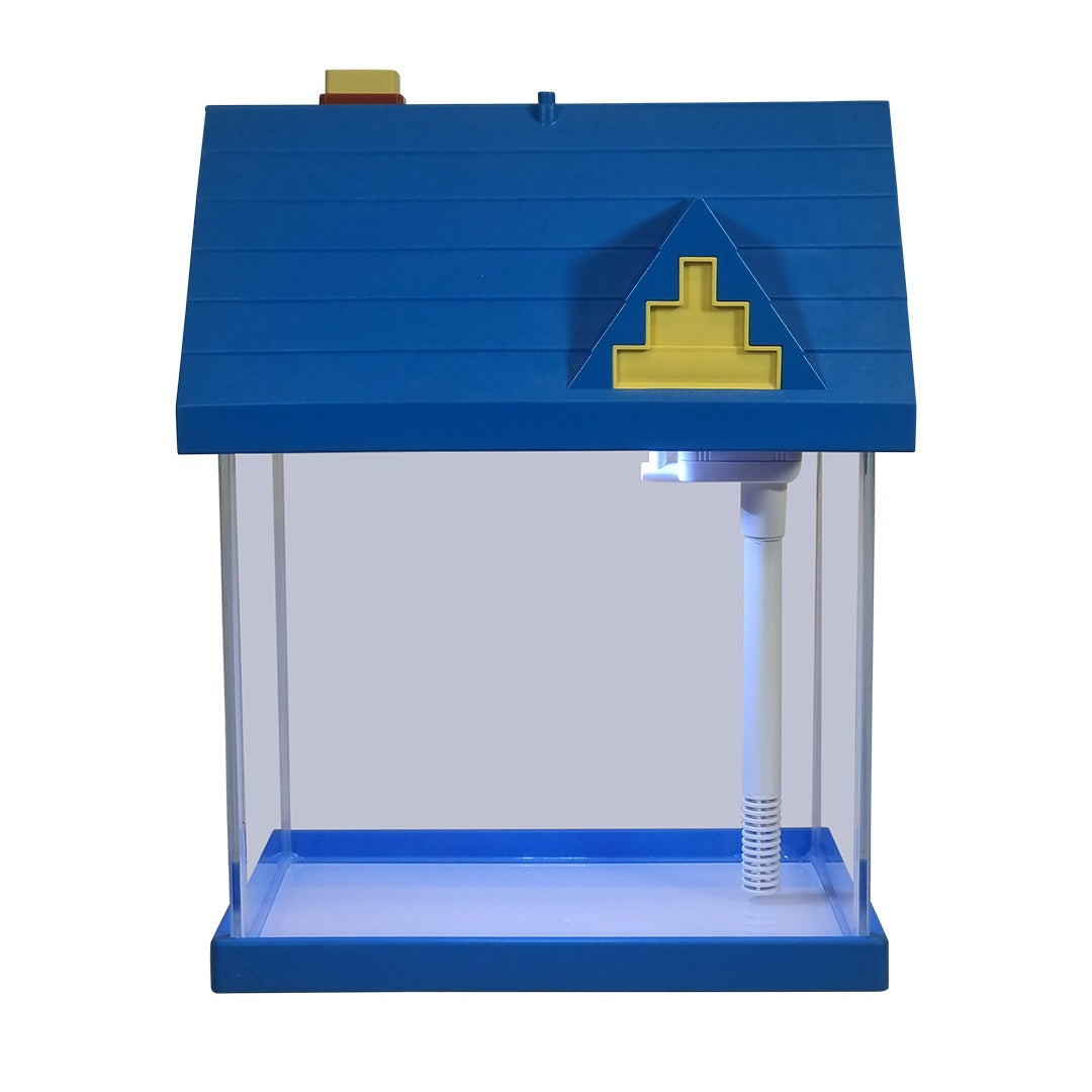 Blue House-Shaped Small Fish Tank Kit - 7.5L Mini Desktop Aquarium with Built-in Filter Pump and LED Light Roof, Clear Glass Nano Tank for Betta Fish, Guppies, and Office Desktops