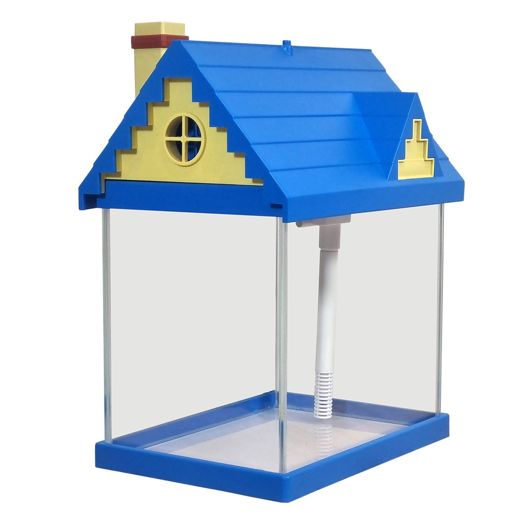 Blue House-Shaped Small Fish Tank Kit - 7.5L Mini Desktop Aquarium with Built-in Filter Pump and LED Light Roof, Clear Glass Nano Tank for Betta Fish, Guppies, and Office Desktops