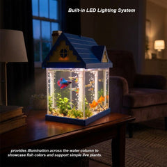 Blue House-Shaped Small Fish Tank Kit - 7.5L Mini Desktop Aquarium with Built-in Filter Pump and LED Light Roof, Clear Glass Nano Tank for Betta Fish, Guppies, and Office Desktops