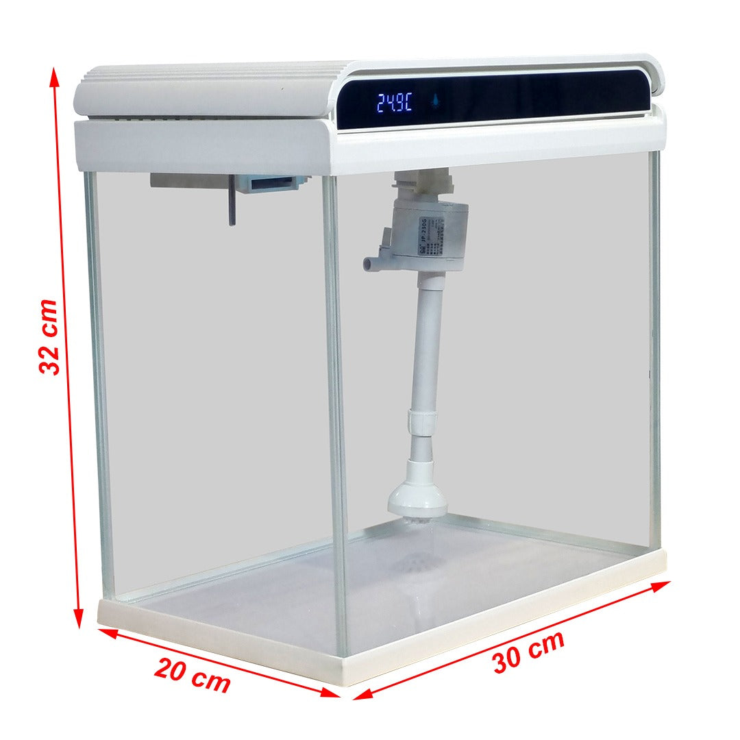 Sunsun Smart Desktop Glass Aquarium Kit - 12Ltr Small Fish Tank with Built-in Top Filter Pump, LED Hood Light, and Real-Time Digital Temperature Display, Starter Kit for Betta and Goldfish ( White )