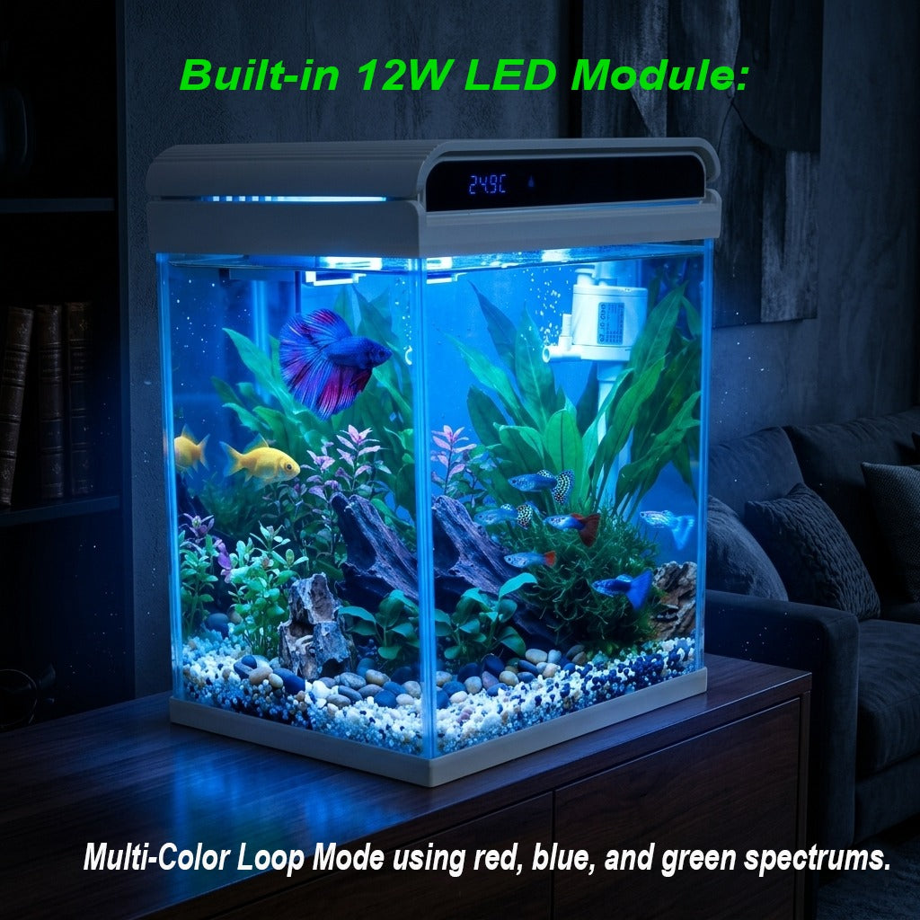 Sunsun Smart Desktop Glass Aquarium Kit - 12Ltr Small Fish Tank with Built-in Top Filter Pump, LED Hood Light, and Real-Time Digital Temperature Display, Starter Kit for Betta and Goldfish ( White )