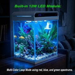 Sunsun Smart Desktop Glass Aquarium Kit - 12Ltr Small Fish Tank with Built-in Top Filter Pump, LED Hood Light, and Real-Time Digital Temperature Display, Starter Kit for Betta and Goldfish ( White )