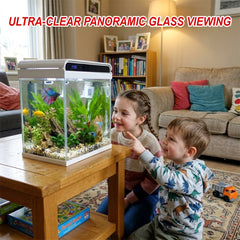 Sunsun Smart Desktop Glass Aquarium Kit - 12Ltr Small Fish Tank with Built-in Top Filter Pump, LED Hood Light, and Real-Time Digital Temperature Display, Starter Kit for Betta and Goldfish ( White )