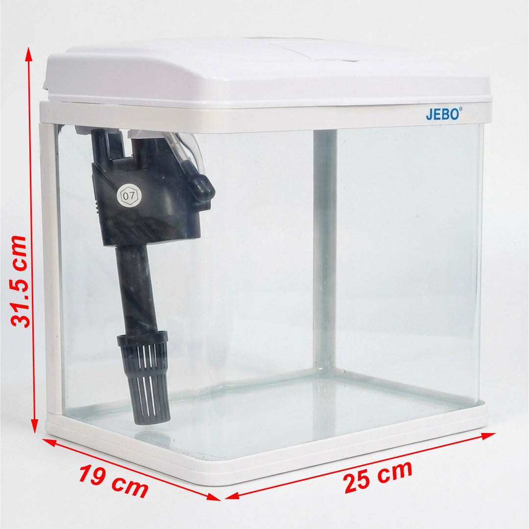 JEBO Small Desktop Aquarium Fish Tank with Built-In Top Filter and Submersible Water Pump, White Mini Nano Glass Tank Starter Kit for Betta, Guppies, and Shrimp
