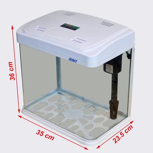 JEBO Desktop Glass Aquarium Starter Kit, 15L Small Fish Tank with Built-In Filtration System, Water Pump, and LED Light Hood for Betta, Goldfish, and Shrimp, White