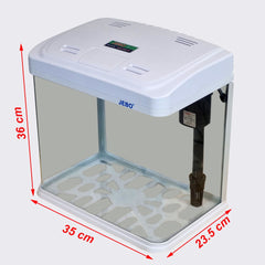 JEBO Desktop Glass Aquarium Starter Kit, 15L Small Fish Tank with Built-In Filtration System, Water Pump, and LED Light Hood for Betta, Goldfish, and Shrimp, White