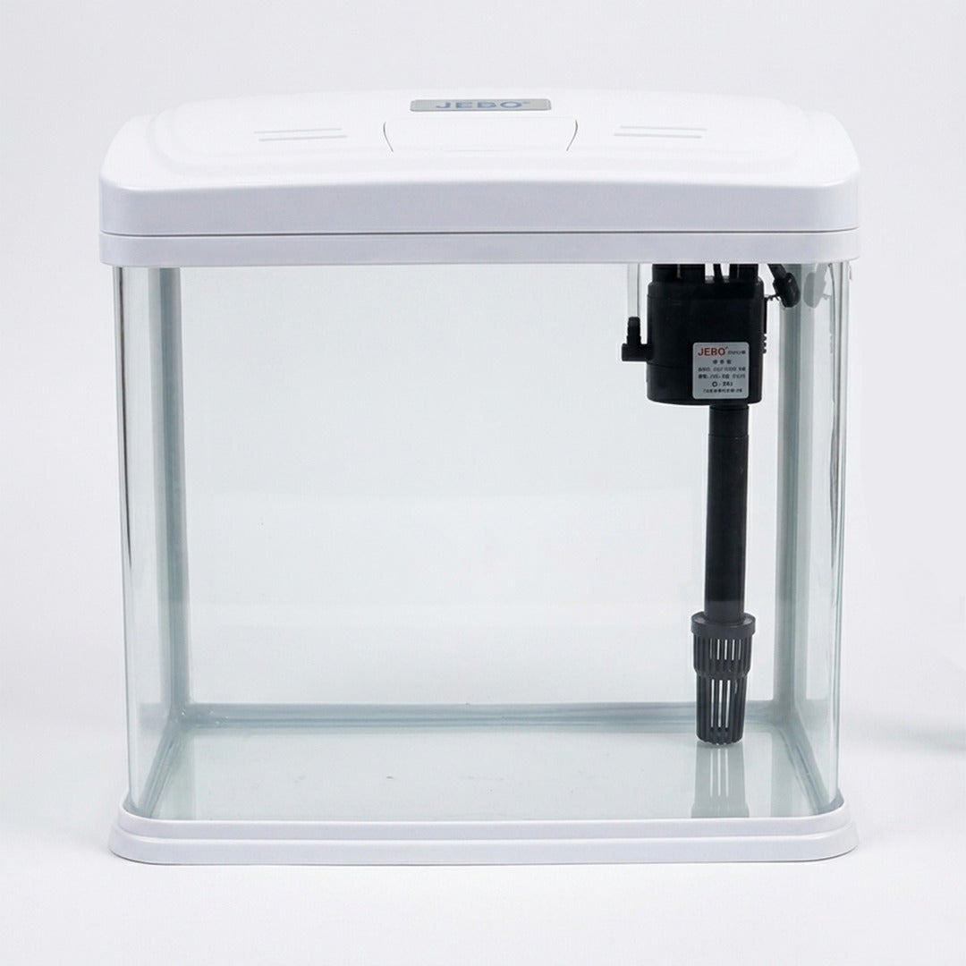 JEBO Desktop Glass Aquarium Starter Kit, 15L Small Fish Tank with Built-In Filtration System, Water Pump, and LED Light Hood for Betta, Goldfish, and Shrimp, White