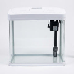JEBO Desktop Glass Aquarium Starter Kit, 15L Small Fish Tank with Built-In Filtration System, Water Pump, and LED Light Hood for Betta, Goldfish, and Shrimp, White