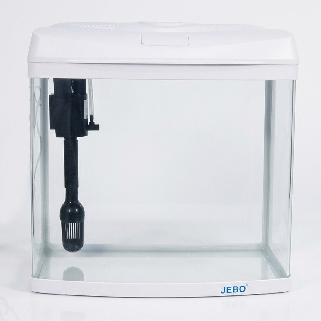 JEBO Curved Glass Aquarium Kit with Submersible Power Filter Pump and Integrated Hood Light, Desktop Fish Tank Starter Kit for Freshwater and Saltwater (White)