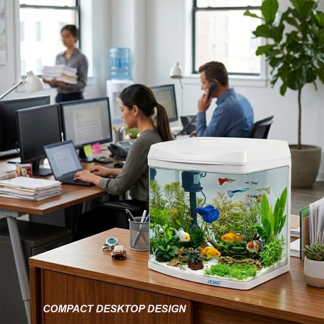 JEBO Curved Glass Aquarium Kit with Submersible Power Filter Pump and Integrated Hood Light, Desktop Fish Tank Starter Kit for Freshwater and Saltwater (White)
