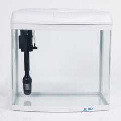 JEBO Curved Glass Aquarium Kit with Submersible Power Filter Pump and Integrated Hood Light, Desktop Fish Tank Starter Kit for Freshwater and Saltwater (White)