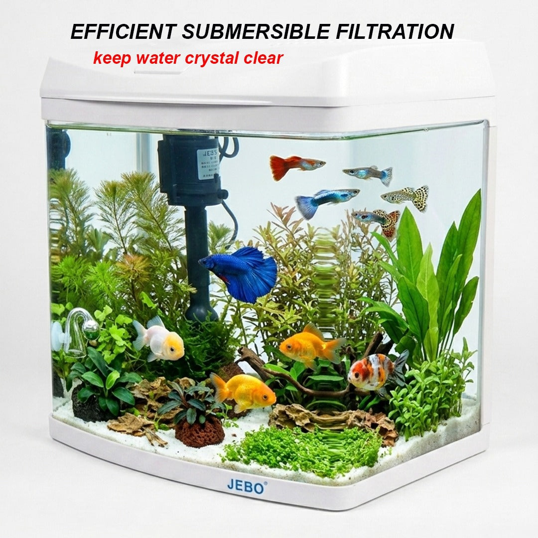 JEBO Curved Glass Aquarium Kit with Submersible Power Filter Pump and Integrated Hood Light, Desktop Fish Tank Starter Kit for Freshwater and Saltwater (White)