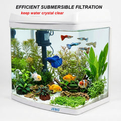 JEBO Curved Glass Aquarium Kit with Submersible Power Filter Pump and Integrated Hood Light, Desktop Fish Tank Starter Kit for Freshwater and Saltwater (White)