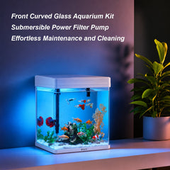 BOYU Small Desktop Aquarium Starter Kit - Compact Glass Fish Tank with LED Hood Light, Top Filter Pump, and Air Aeration System for Bettas and Guppies (White)