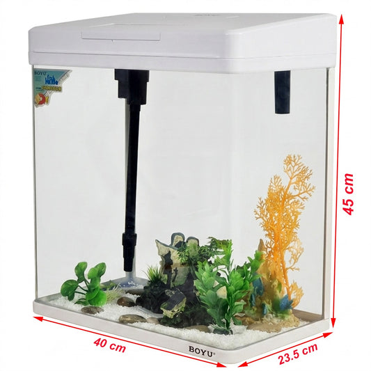 BOYU Small Desktop Aquarium Starter Kit - Compact Glass Fish Tank with LED Hood Light, Top Filter Pump, and Air Aeration System for Bettas and Guppies (White)