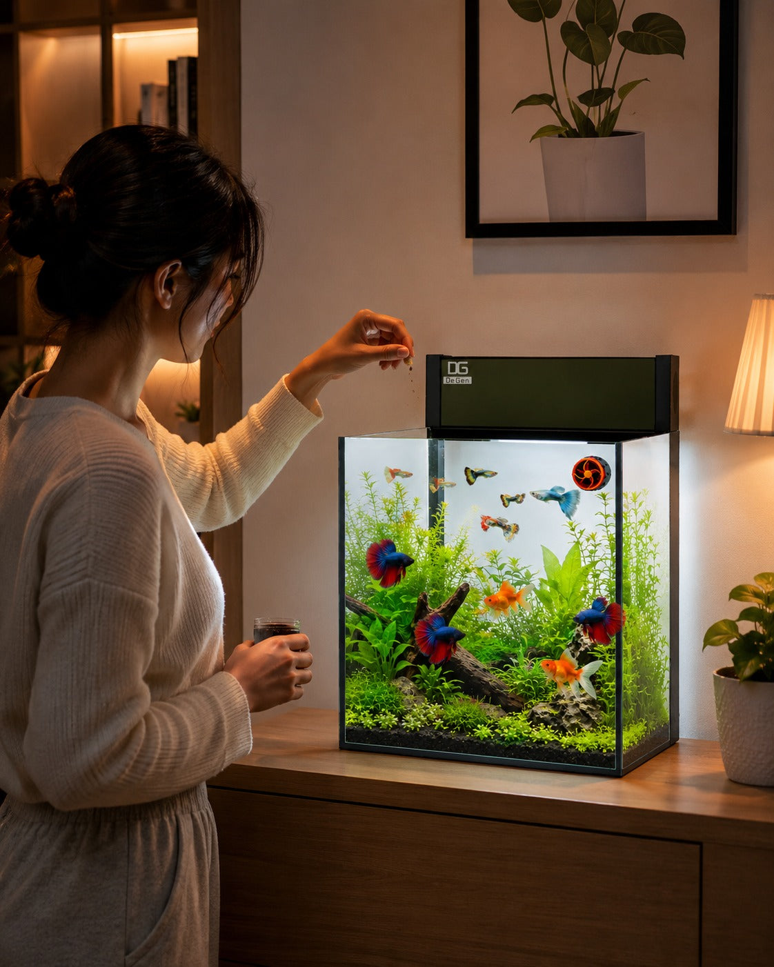 DeGen Rimless Desktop Aquarium Starter Kit - Premium Ultra-Clear Glass Fish Tank with Integrated LED Backlighting, Hidden Top Filter Pump, and Smart Cooling Fan for Bettas and Guppies (Black)