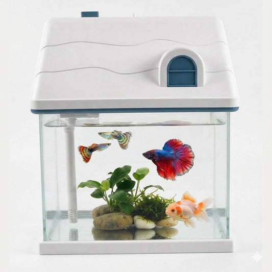 BOYU Desktop Small Fish Tank, House-Shaped 3-Gallon Aquarium Kit with Internal Filter, LED Light, and Decorative Plants for Betta and Goldfish