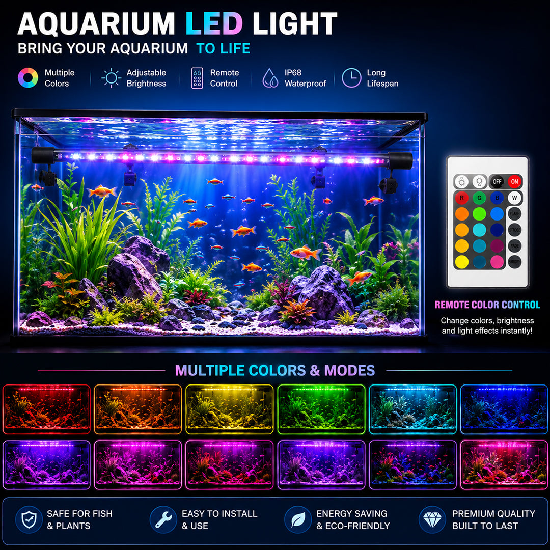 LED Aquarium Light for Fish Tanks, Multicolor LED Aquarium Lighting with Remote Control, Adjustable Mounting with Suction Cups, 3 Size Options
