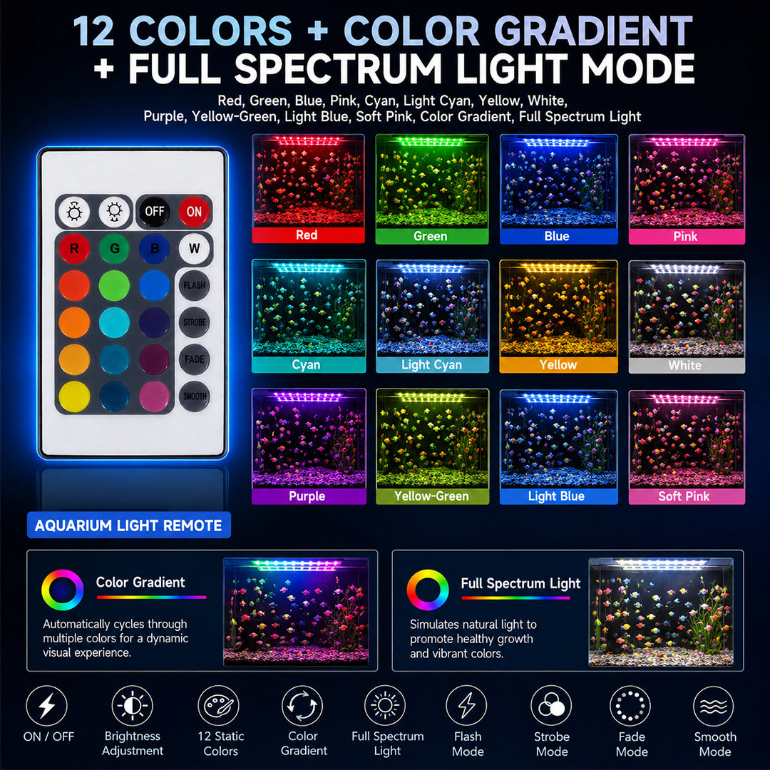 LED Aquarium Light for Fish Tanks, Adjustable Full-Spectrum Aquarium Lighting with Extendable Brackets, Multiple LED Lights & Remote Control for Freshwater Aquariums