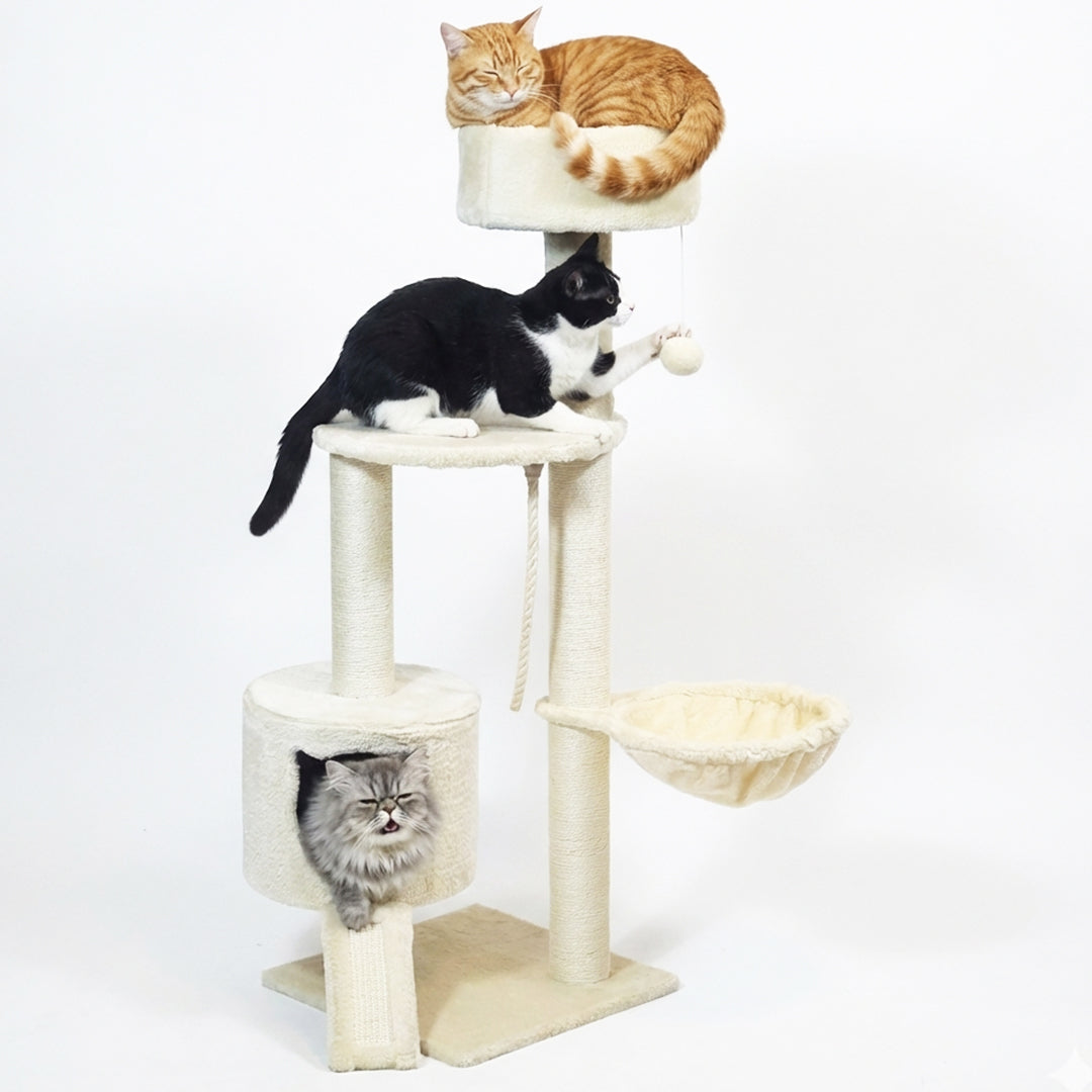 Cat Tree Tower with Condo and Hammock for Kittens & Adults Cats, 116 cm Multi-Level Cat Activity Center with Ladder, Sisal Scratching Posts, Plush Top Bed, large Platform and Hanging Ball, (Beige)