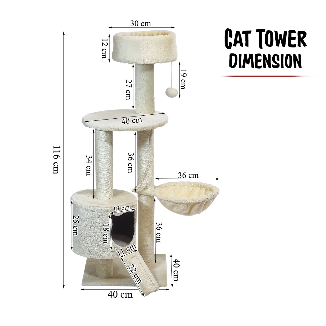 Cat Tree Tower with Condo and Hammock for Kittens & Adults Cats, 116 cm Multi-Level Cat Activity Center with Ladder, Sisal Scratching Posts, Plush Top Bed, large Platform and Hanging Ball, (Beige)