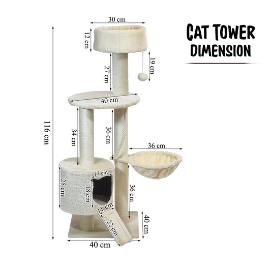 Cat Tree Tower with Condo and Hammock for Kittens & Adults Cats, 116 cm Multi-Level Cat Activity Center with Ladder, Sisal Scratching Posts, Plush Top Bed, large Platform and Hanging Ball, (Beige)