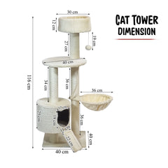 Cat Tree Tower with Condo and Hammock for Kittens & Adults Cats, 116 cm Multi-Level Cat Activity Center with Ladder, Sisal Scratching Posts, Plush Top Bed, large Platform and Hanging Ball, (Beige)
